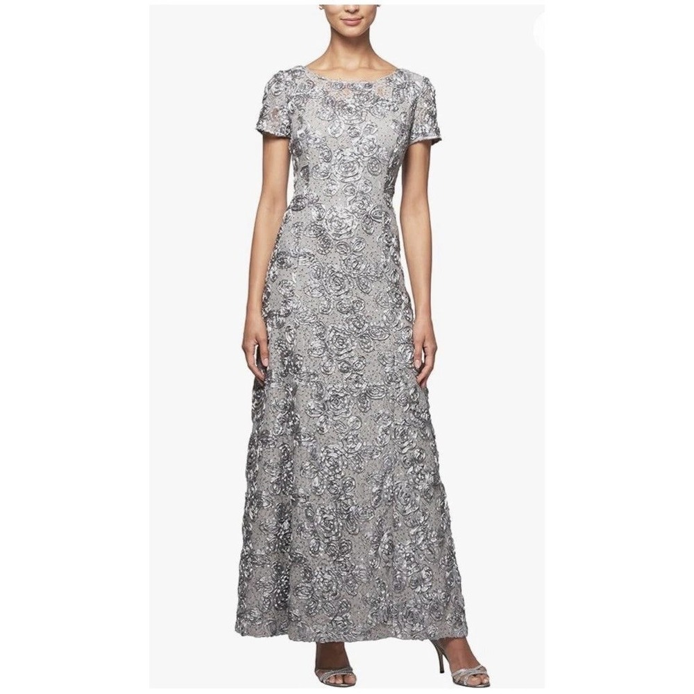 Alex Evenings Gown Womens 8 Silver Rosette Sequin Short Sleeve Formal Maxi Dress